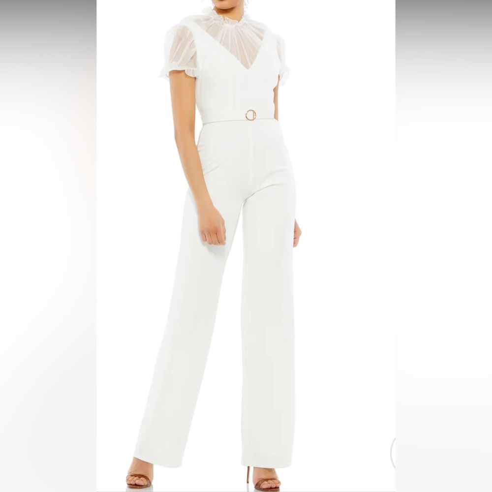 Mac Duggal White Belted Illusion High Neck Cap Sleeve Jumpsuit, Size 12